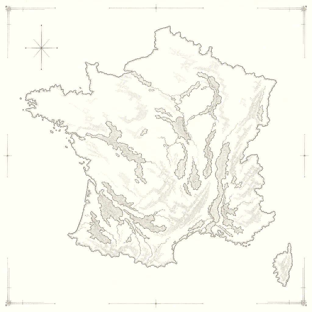 Planche de relevé : contour des régions viticoles au trait, sans étiquette